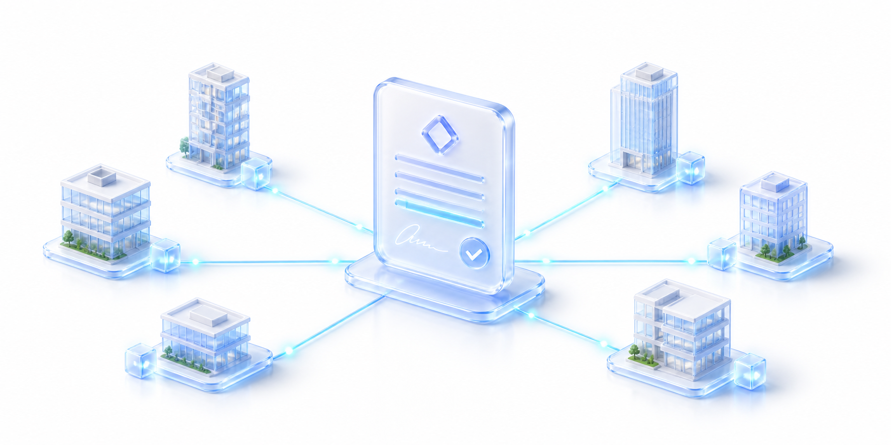 contrato social em soft glass no centro, conectado a múltiplos prédios tokenizados (um ato → todos os imóveis)