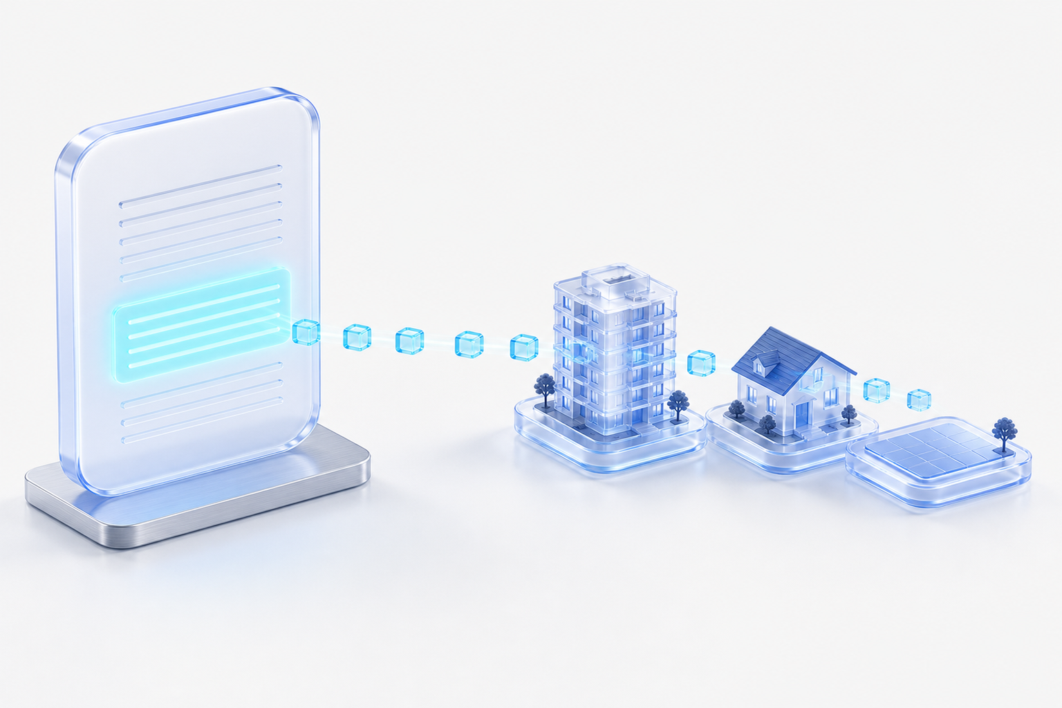 placa-contrato glass com cláusula em destaque, emitindo tokens (rounded cubes) para uma fileira de imóveis