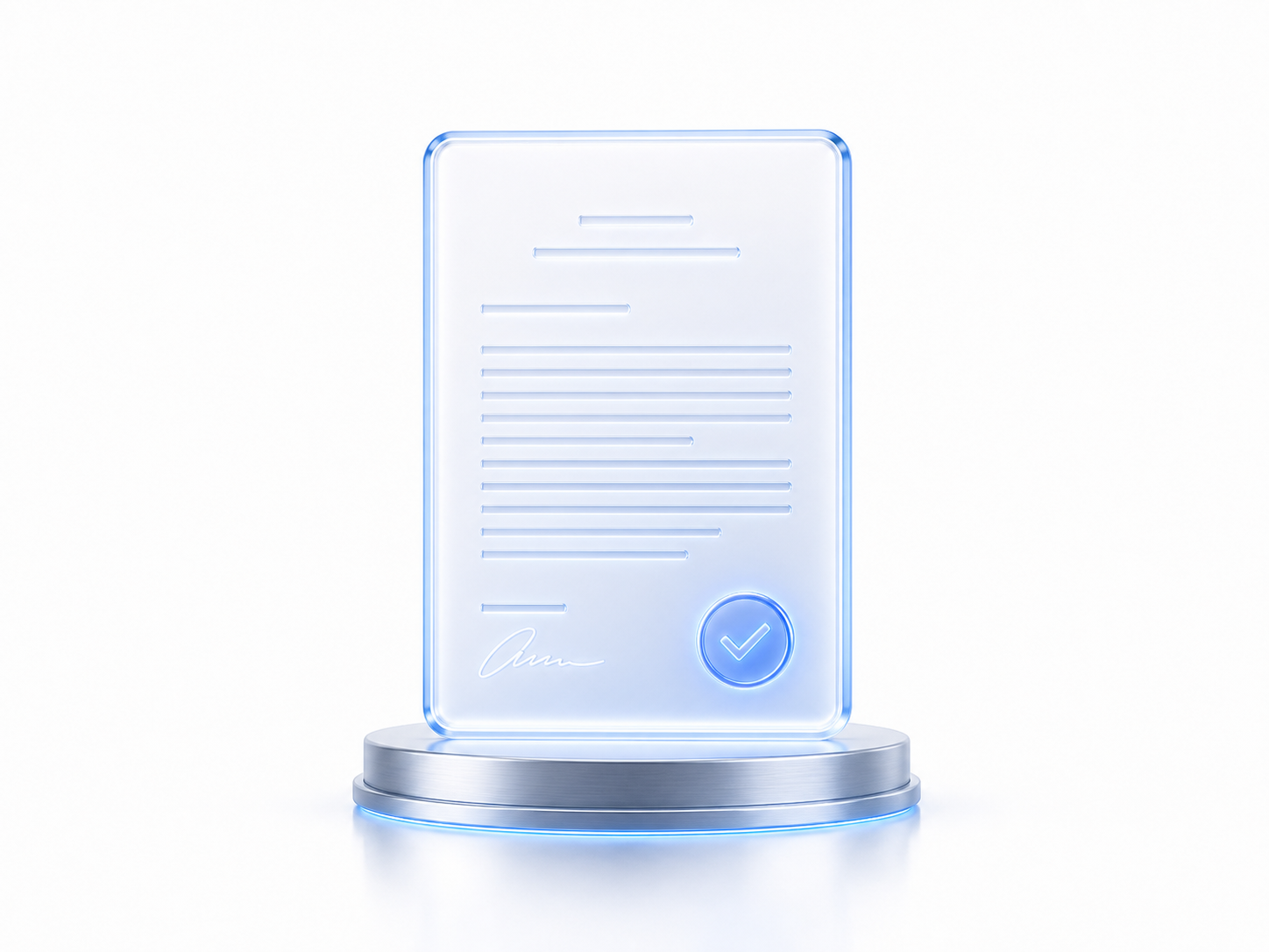 documento-parecer em soft glass com selo de validação, sobre base metálica registral discreta