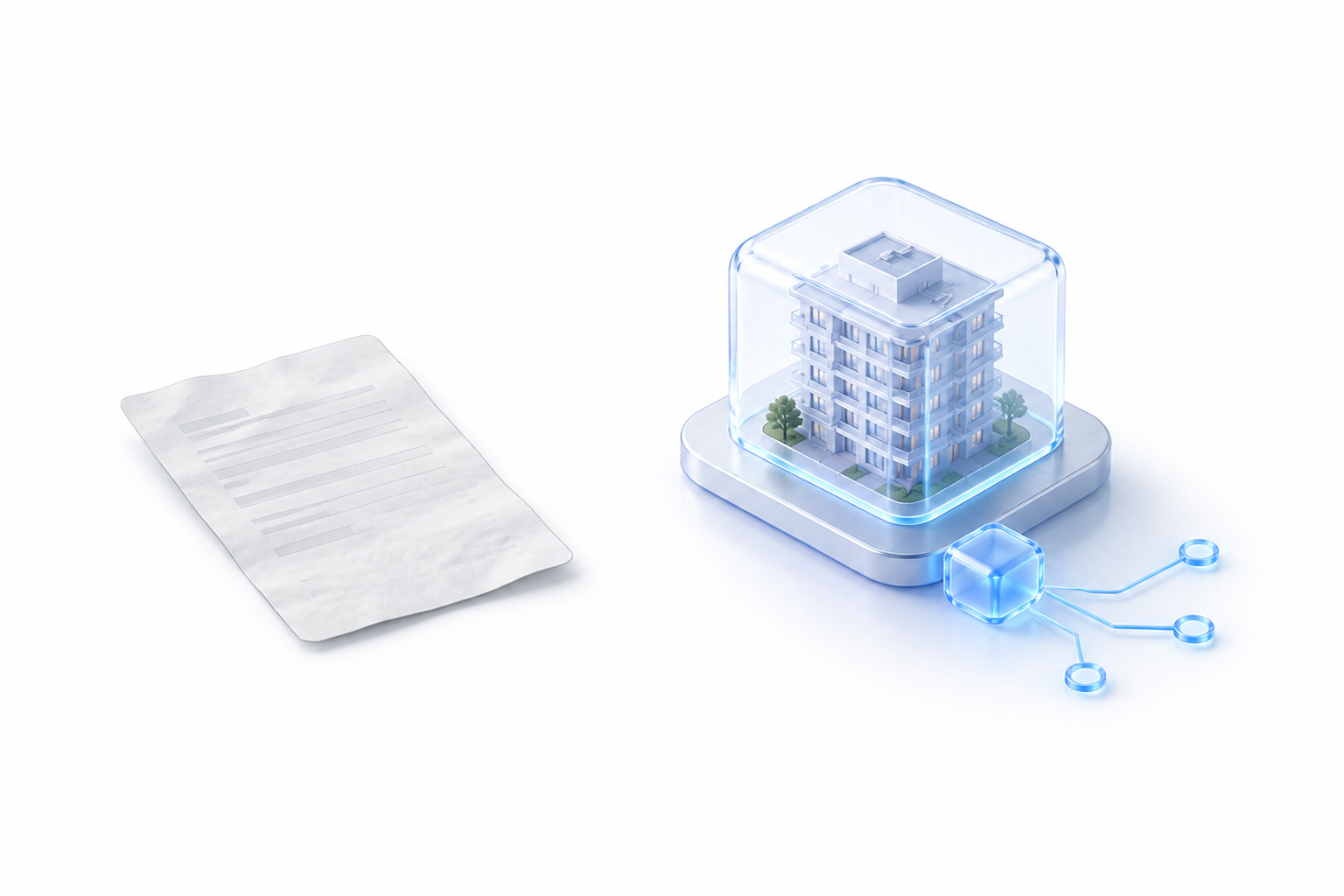 papel escaneado (plano, opaco) × imóvel digital (glass, vivo) lado a lado — a diferença entre olhar e operar