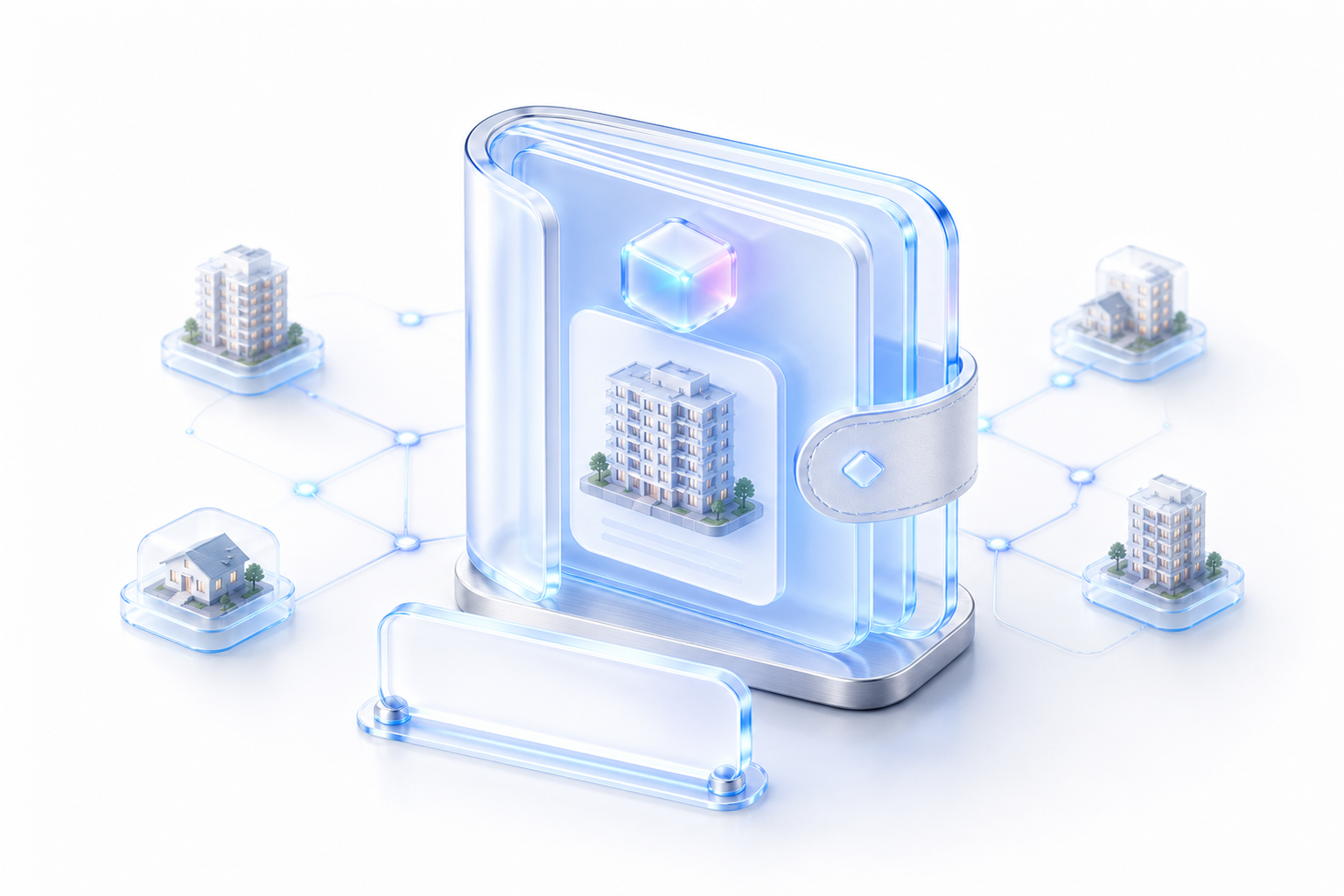 carteira-wallet glass entreaberta com card de imóvel e token, com espaço de marca em destaque (white label)