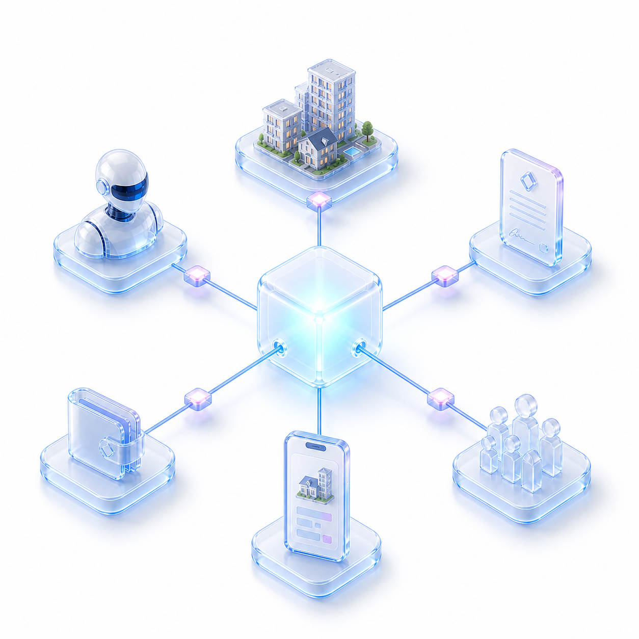 Ecossistema Netspaces: um cubo de vidro aceso no centro, a blockchain, com seis conexões saindo do meio de cada face — para um robô que representa a inteligência artificial, um contrato, uma carteira, um grupo de pessoas, um conjunto de prédios acima e um celular abaixo mostrando o card de um imóvel.