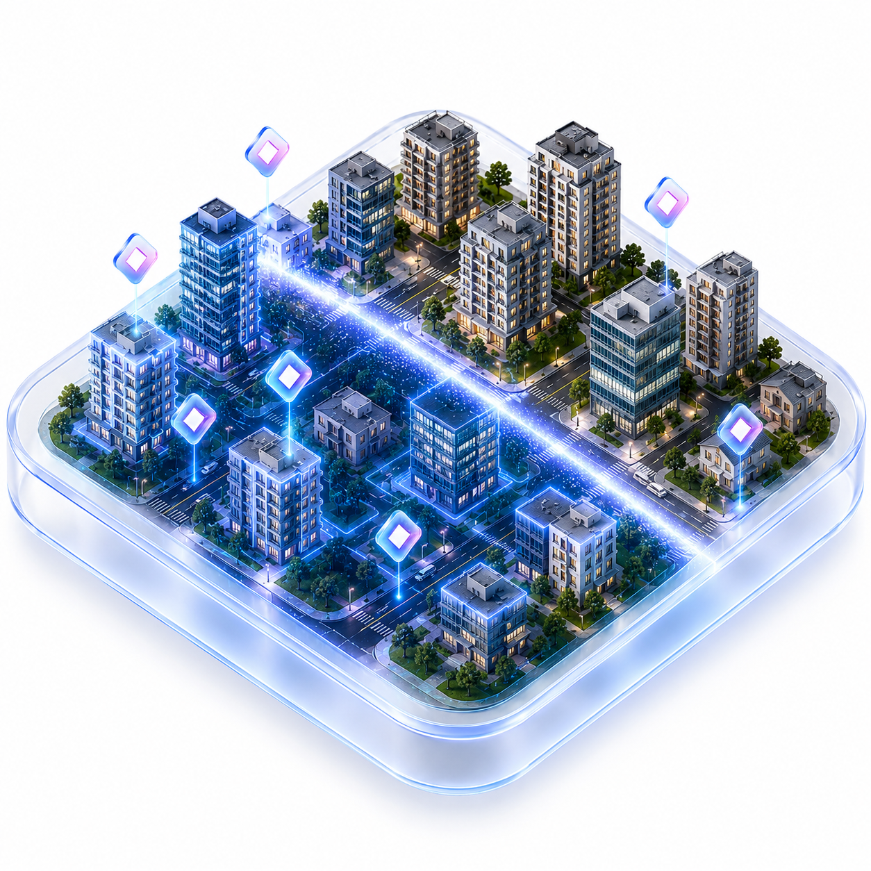 Um quarteirão urbano sobre uma bandeja de vidro de cantos arredondados, atravessado por um rio de luz azul, com pins em forma de cubo rotacionado marcando os imóveis que já existem como propriedade digital.