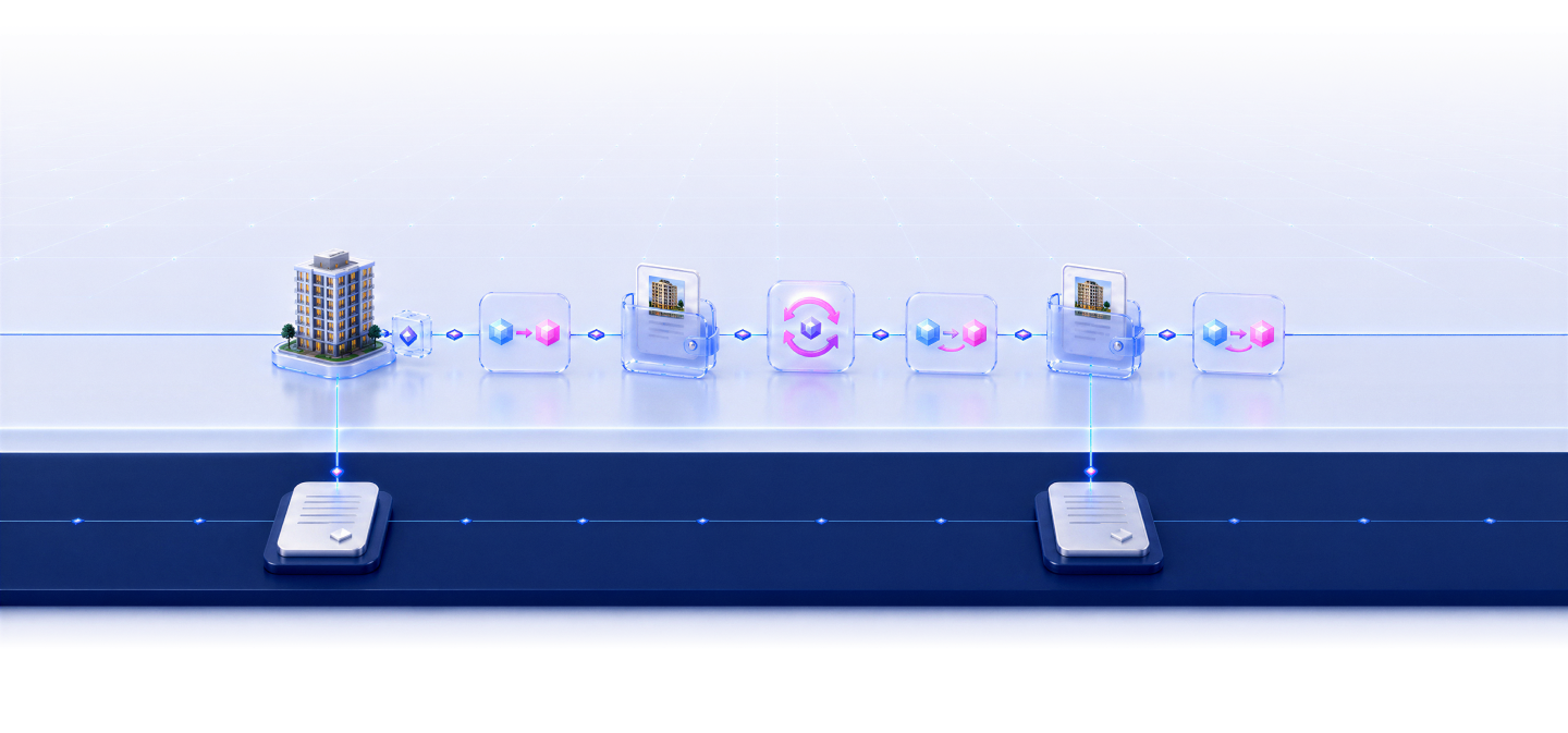 A camada transacional, onde o imóvel circula como ativo digital, sobre a camada registral em navy, onde ficam os registros.