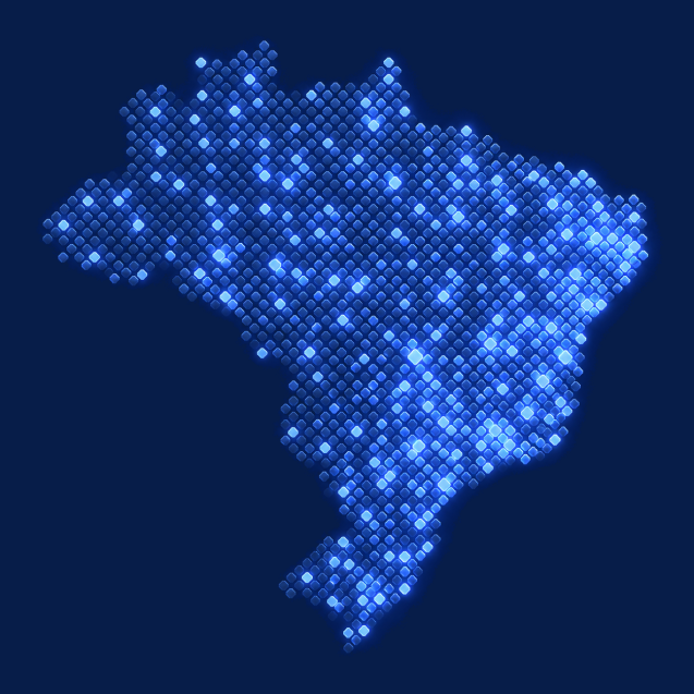 Mapa do Brasil formado por pontos luminosos, com os municípios licenciados acesos.